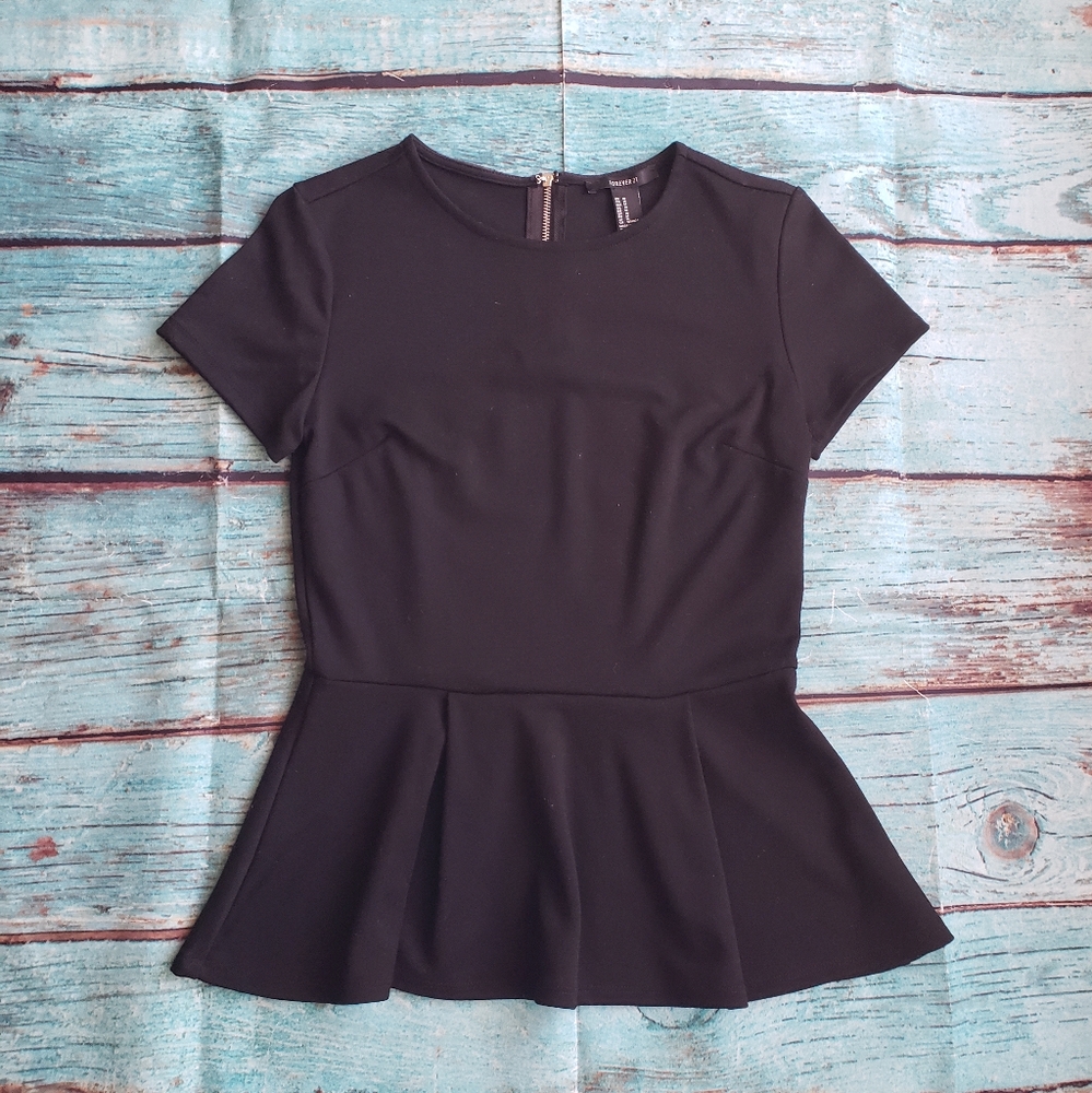Forever 21 black ruffle hem peplum blouse top size medium